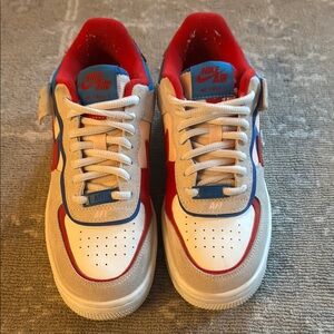 Nike White and Red Sneakers with Chunky Sole and Perforated Leather